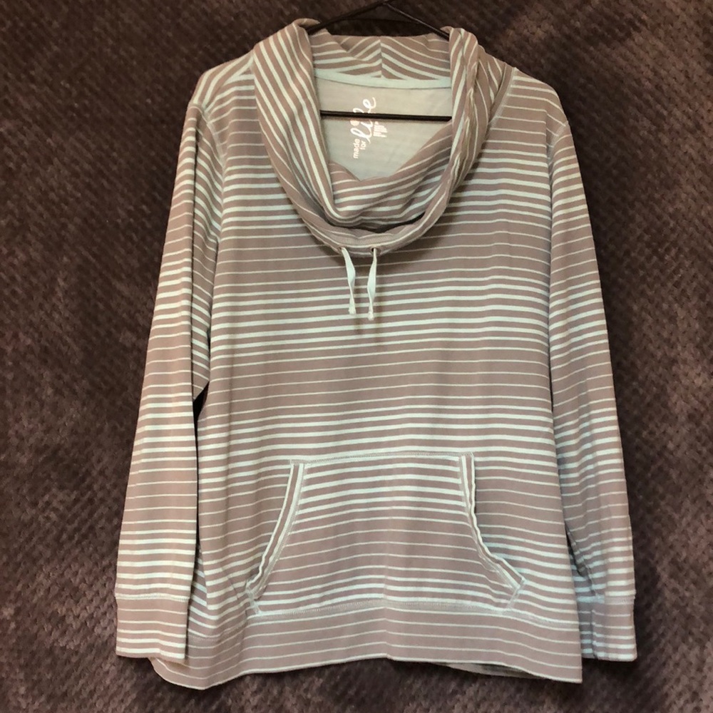 Grey and Mint Green Striped Cowl Neck Sweatshirt